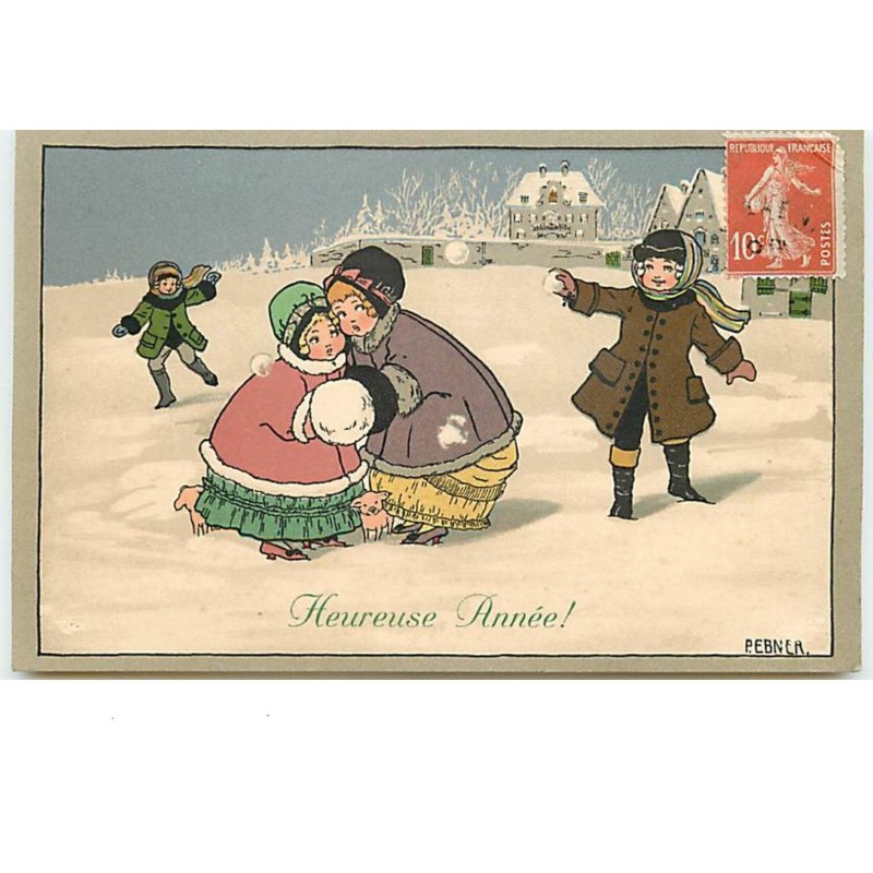 n°14065 - P. Ebner - MM Vienne n°608 - Heureuse Année - Garçons lançant des boules de neiges sur des fillettes