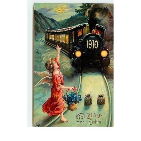 n°14085 - Viel Glück im neuen Jahre - Ange devant un train 1910