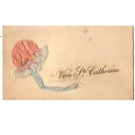 n°14102 - Vive Ste Catherine - Bonnet rose et ruban bleu (format 12 x 7 cm)