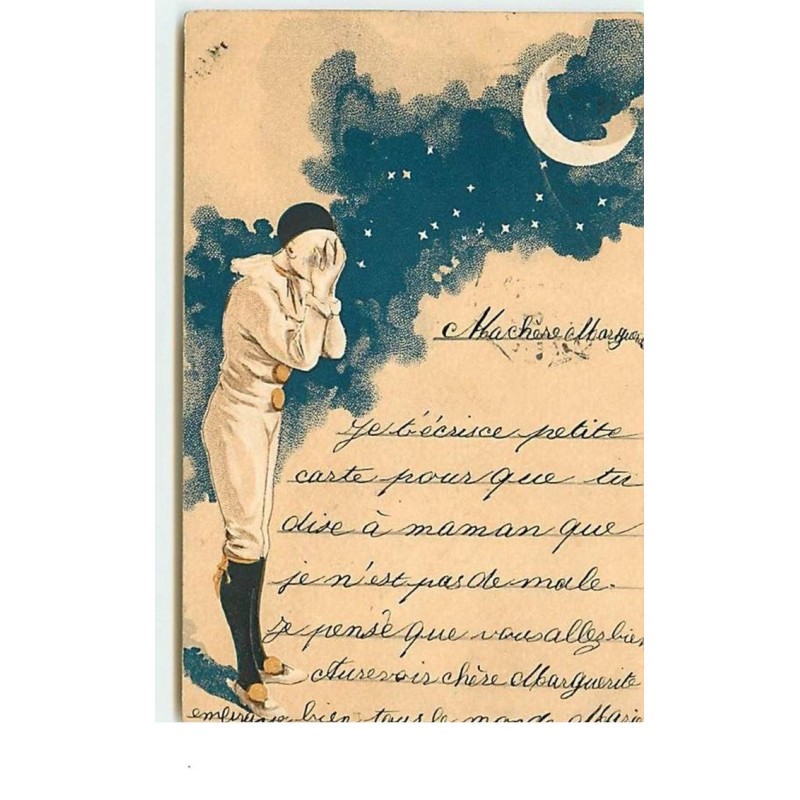 n°14121 - Pierrot se cachant le visage avec ses mains sous la lune