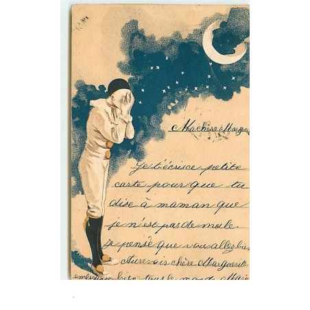 n°14121 - Pierrot se cachant le visage avec ses mains sous la lune