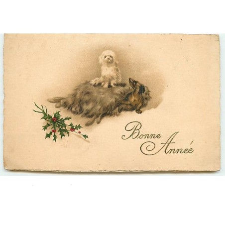 n°14134 - Bonne Année - Chiens, dont un teckel sur un pouf