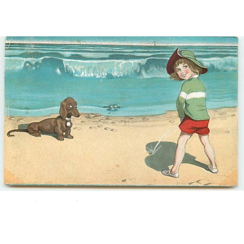 n°14145 - Teckel regardant un garçon faisant pipi sur une plage