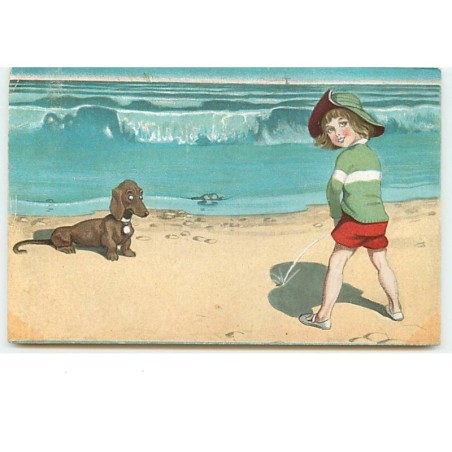 n°14145 - Teckel regardant un garçon faisant pipi sur une plage