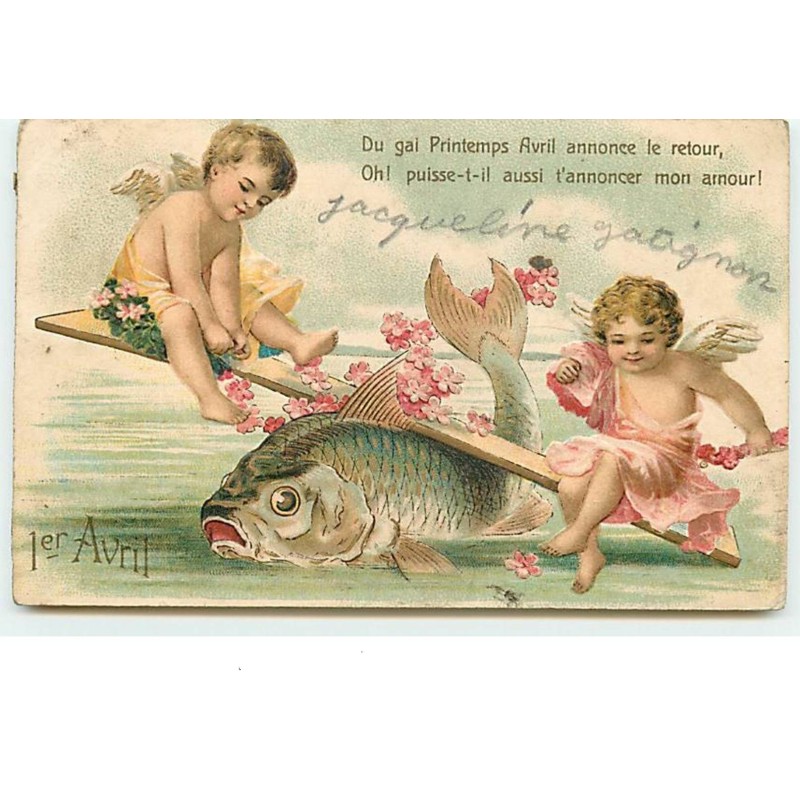 n°14165 - Carte Gaufrée - Clapsaddle - 1er Avril - Du gai Printemps Avril annonce le retour ... mon amour