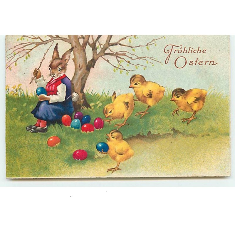 n°14172 - Style Baumgarten - Fröhliche Ostern - Lièvre habillé surveillant des oeufs et des poussins