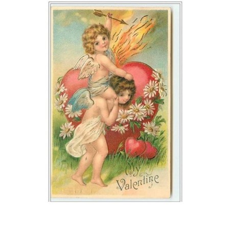 n°1042 - Carte Gaufrée - My Valentine - Angelots et coeur