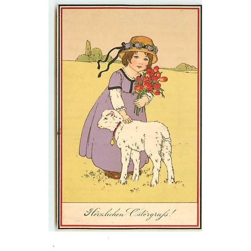 n°14173 - Herzlichen Ostergrufs - Fillette câlinant un mouton - style Flatscher