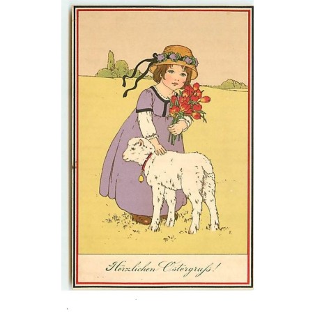 n°14173 - Herzlichen Ostergrufs - Fillette câlinant un mouton - style Flatscher