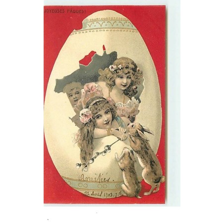 n°14175 - Joyeuses Pâques - Fillettes sortant d'un oeuf, et lapins