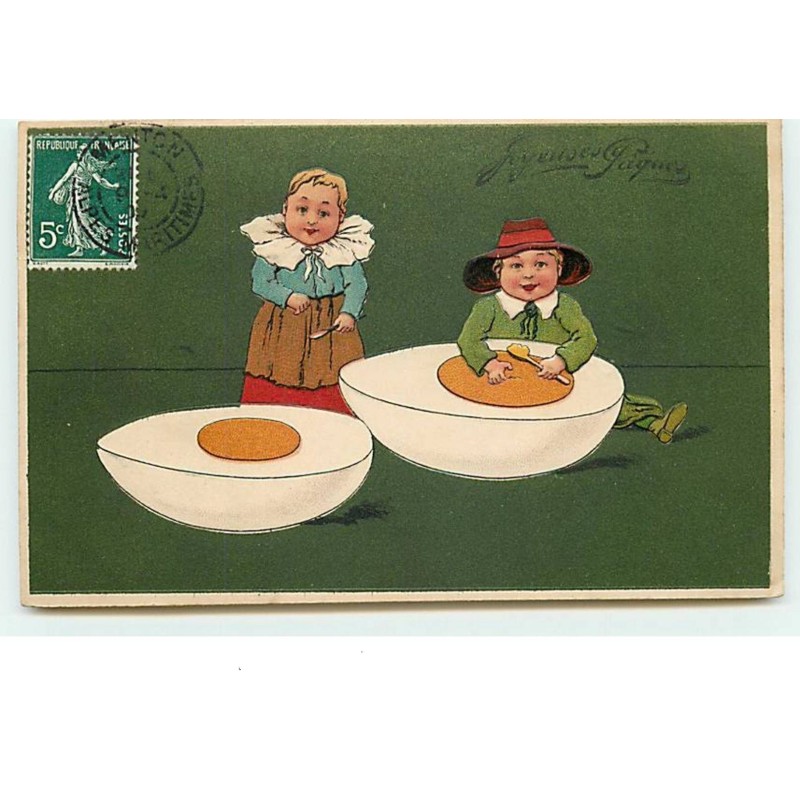 n°14177 - Carte Gaufrée - Enfants mangeant un gros oeuf dur