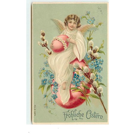 n°14178 - Carte Gaufrée - Fröhliche Ostern - Ange gardien assis sur un oeuf
