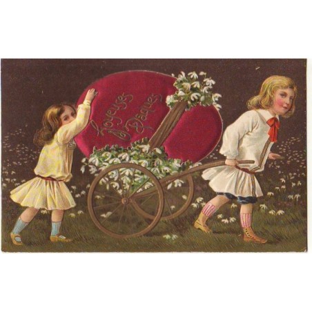 n°14183 - Joyeuses Pâques - Fillettes tirant une brouette avec un oeuf en tissu dessus