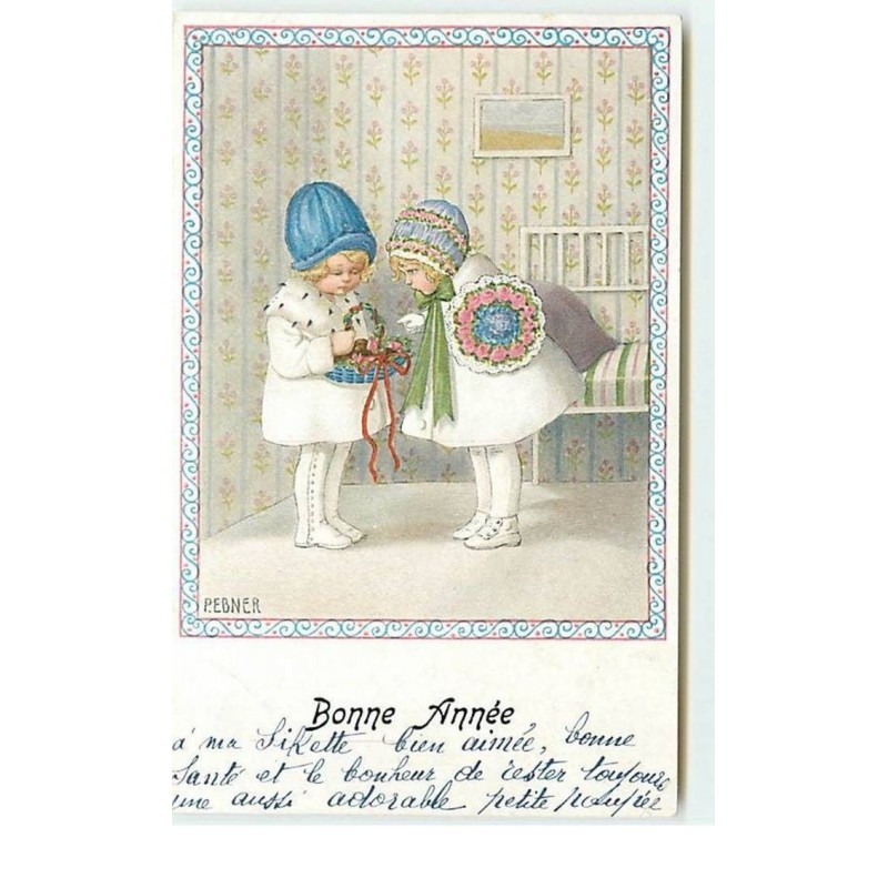 n°14216 - P. Ebner - MM Vienne n°1269 - Bonne Année - Fillettes regardant un panier garni