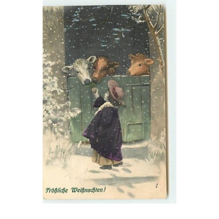 n°14224 - MM Vienne n°330 - Fröhliche Weihnachten - Fillette donnant de l'herbe à manger à des vaches