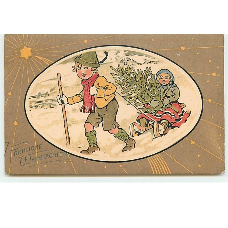n°14228 - Fröhliche Weihnachten - Garçon tirant une fillette assise sur une luge portant un sapin