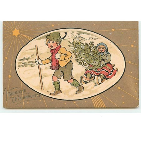 n°14228 - Fröhliche Weihnachten - Garçon tirant une fillette assise sur une luge portant un sapin