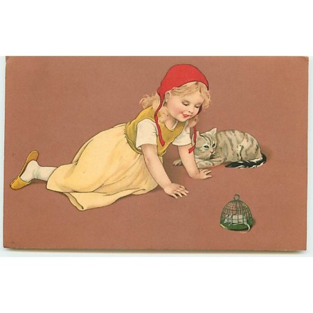 n°14297 - Flatscher - Fillette et un chat regardant une souris dans une cage