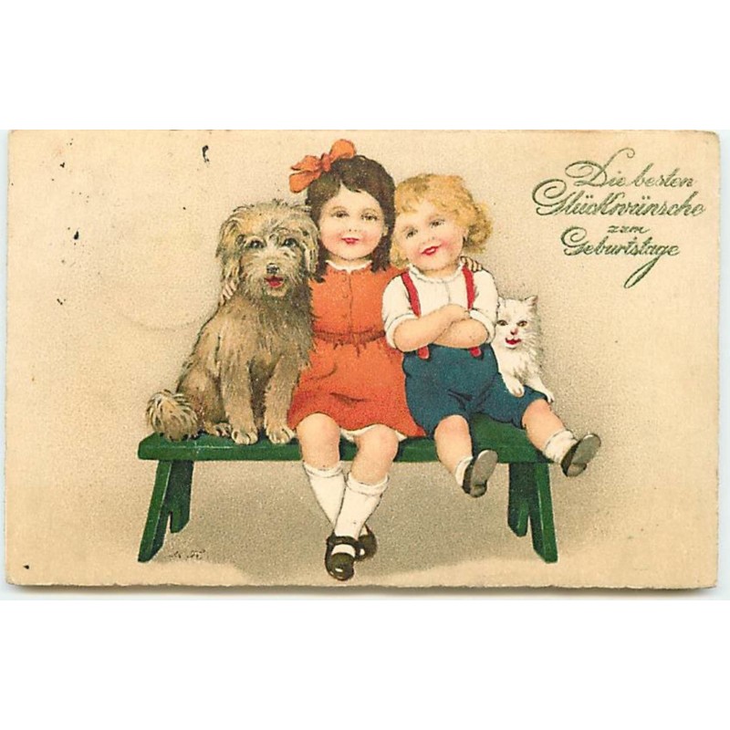 n°14298 - Flatscher - Enfants assis sur un banc avec un chien et un chat
