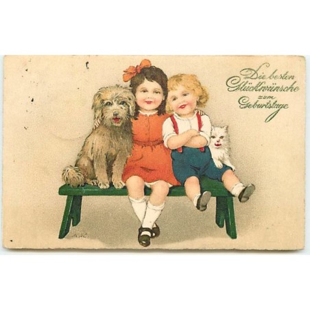 n°14298 - Flatscher - Enfants assis sur un banc avec un chien et un chat