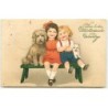 n°14298 - Flatscher - Enfants assis sur un banc avec un chien et un chat