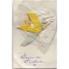 n°14305 - Carte Brodée -Souvenir de Ste Catherine - Bonnet blanc avec un ruban jaune
