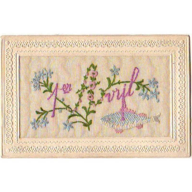 n°14311 - Carte Brodée - 1er Avril - Poisson et liseron