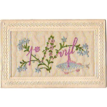 n°14311 - Carte Brodée - 1er Avril - Poisson et liseron