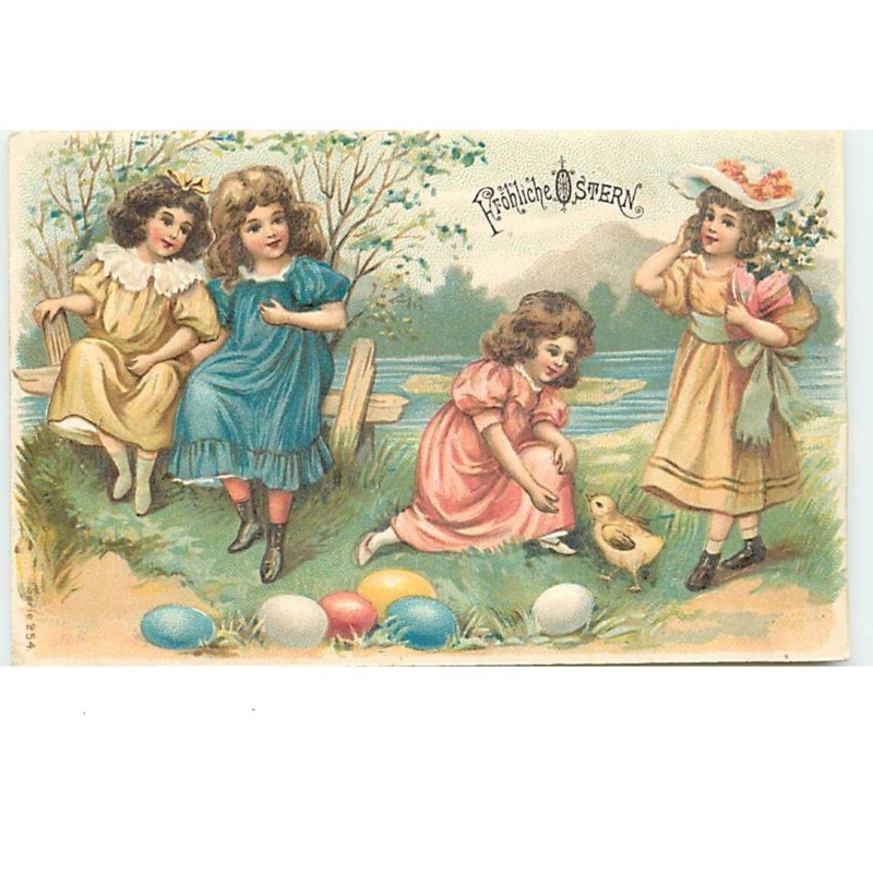 n°14335 - Carte Gaufrée - Fröhliche Ostern - Fillettes avec des oeufs et un poussin
