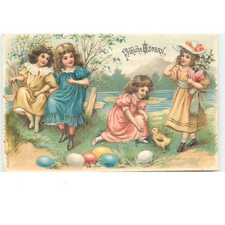 n°14335 - Carte Gaufrée - Fröhliche Ostern - Fillettes avec des oeufs et un poussin