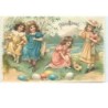 n°14335 - Carte Gaufrée - Fröhliche Ostern - Fillettes avec des oeufs et un poussin