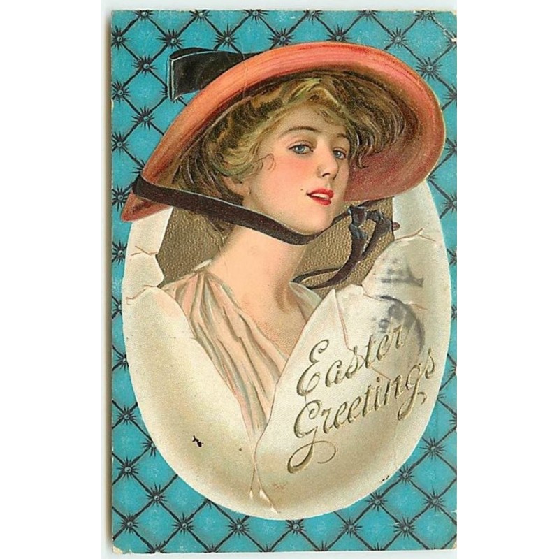 n°14336 - Carte Gaufrée - Easter Greetings - Jeune femme dans un oeuf