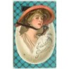 n°14336 - Carte Gaufrée - Easter Greetings - Jeune femme dans un oeuf