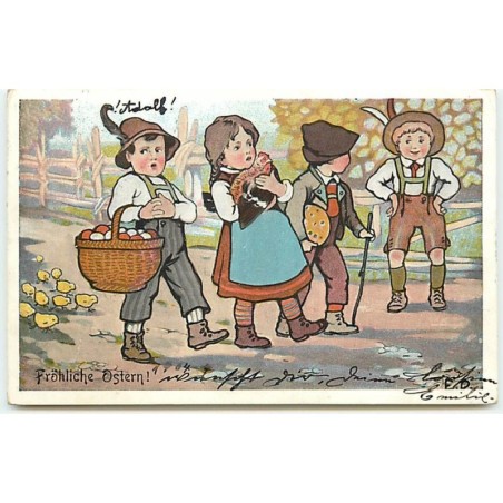 n°14337 - MM Vienne n°180 - Fröhliche Ostern - Enfants apportant du pain, un poule et des oeufs