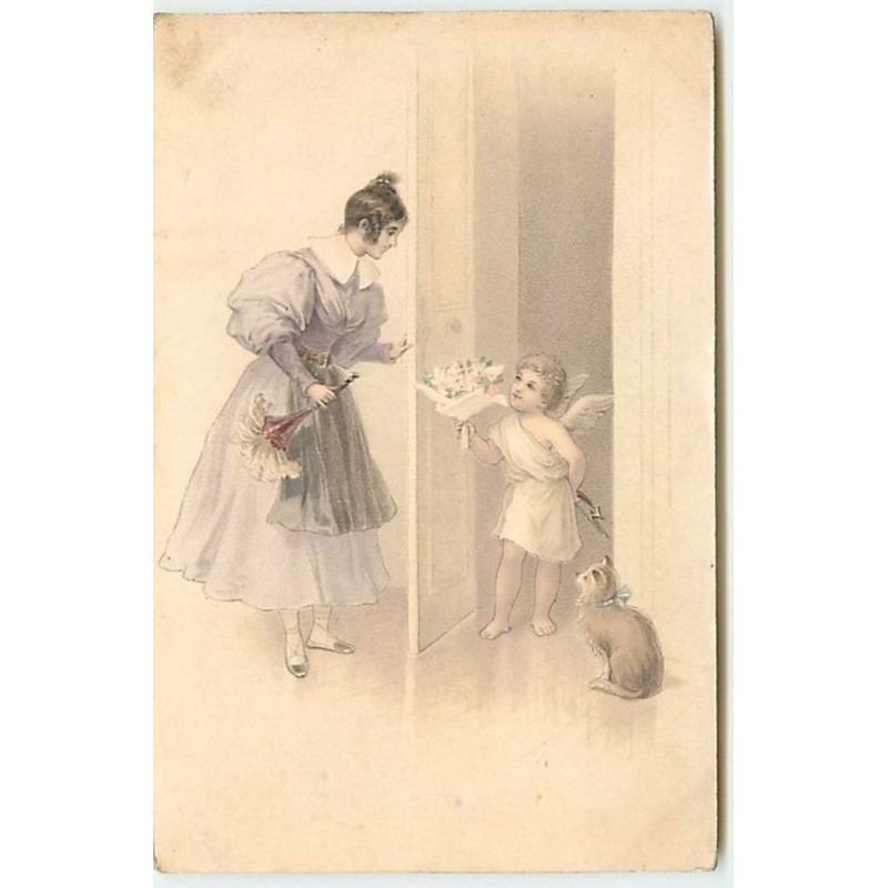 n°14376 - Ange apportant un bouquet de fleurs à une jeune femme - chat