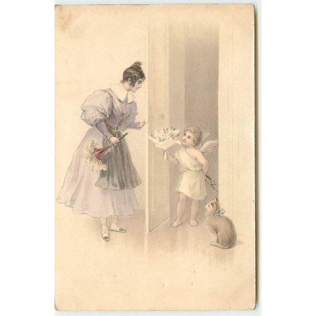 n°14376 - Ange apportant un bouquet de fleurs à une jeune femme - chat