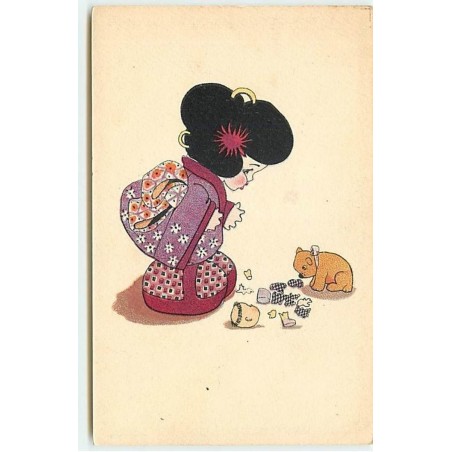 n°14377 - Fillette Japonaise et petit ours en peluche regardant une poupée cassée - Teddy Bear