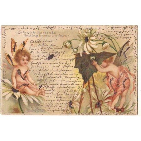 n°14396 - Carte avec Paillettes - Clapsaddle - Anges parmi des fleurs pris en Photo