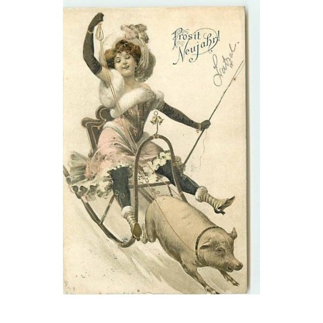 n°14530 - Prosit Neujahr - Femme sur une luge tirée par un cochon