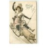 n°14530 - Prosit Neujahr - Femme sur une luge tirée par un cochon