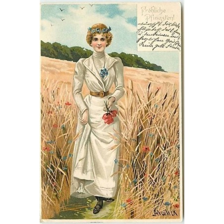 n°10446 - Carte Illustrateur - Alfred Mailick - Fröhliche Pfingsten - Femme avec des coquelicots dans un champ de blé