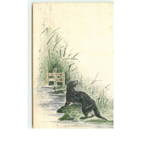 n°14563 - Carte Peinte à la Main - Loutre au bord d'un cours d'eau