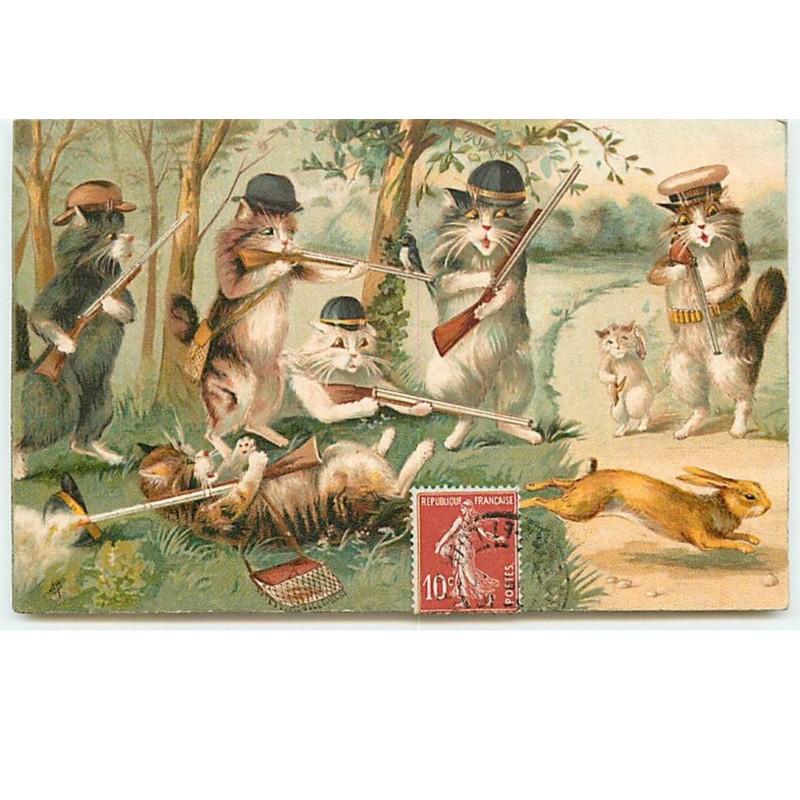 n°14569 - Maurice Boulanger - Chats chassant et tirant sur un lièvre