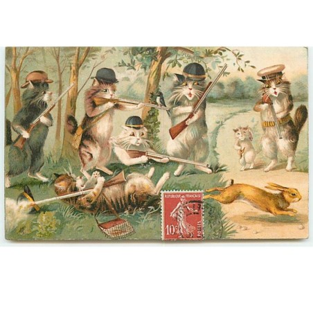 n°14569 - Maurice Boulanger - Chats chassant et tirant sur un lièvre