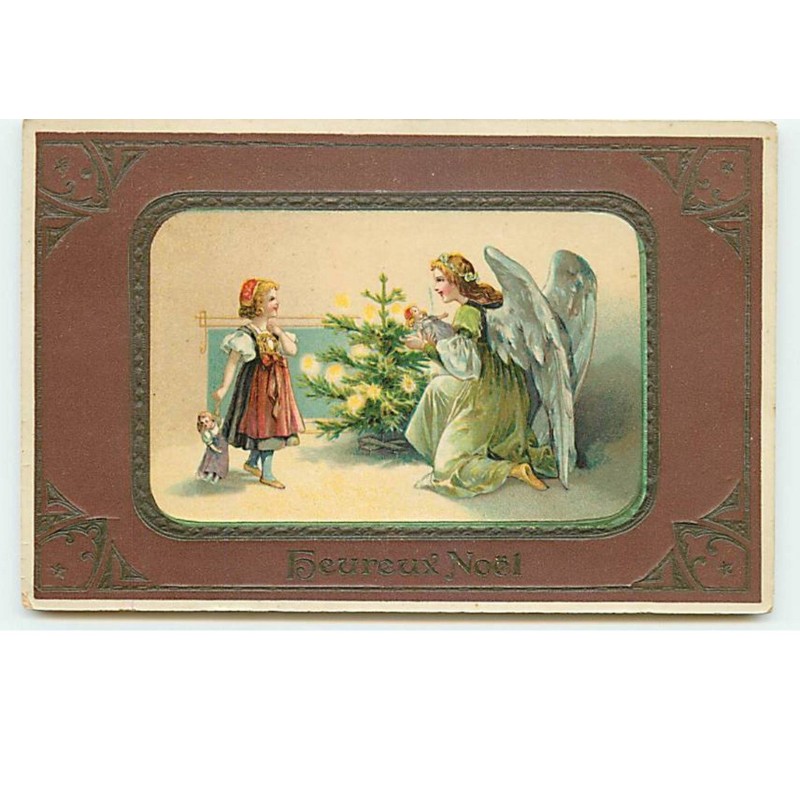 n°14583 - Heureux Noël - Ange gardien déposant une poupée près d'un sapin devant une fillette