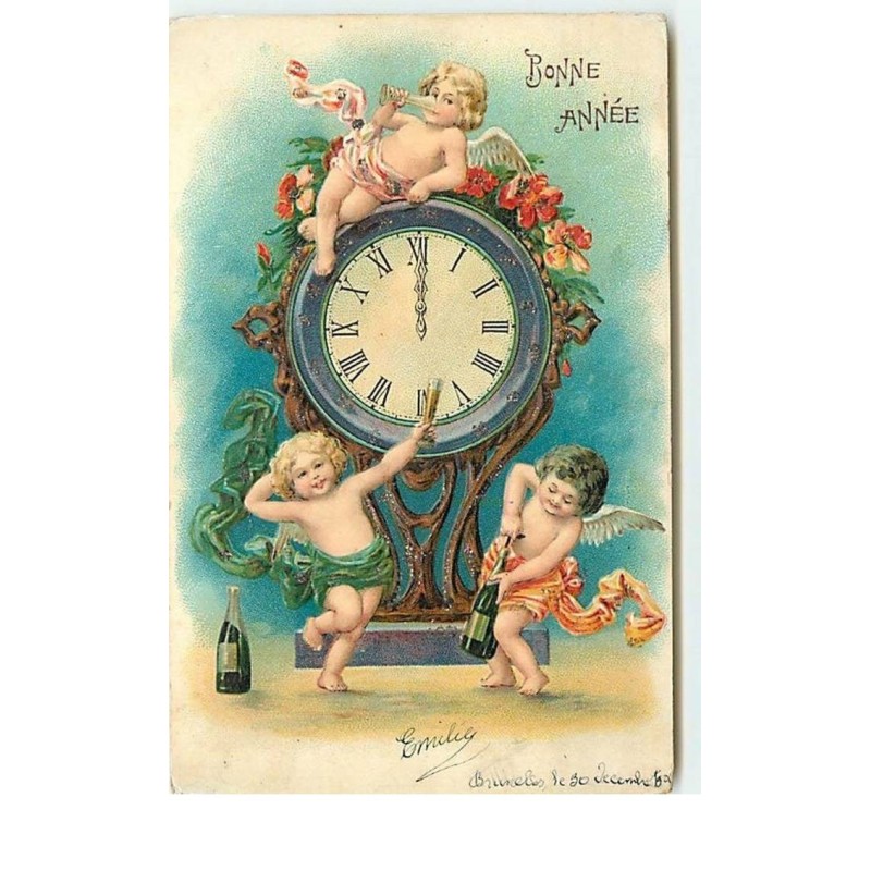 n°14585 - Carte Gaufrée - Bonne Année - Anges trinquant autour d'une pendule
