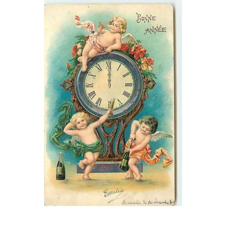 n°14585 - Carte Gaufrée - Bonne Année - Anges trinquant autour d'une pendule