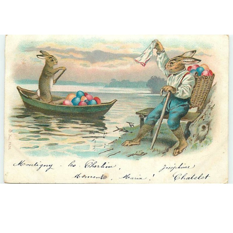 n°14597 - Lièvres, dont l'un dans une barque remplie d'oeufs