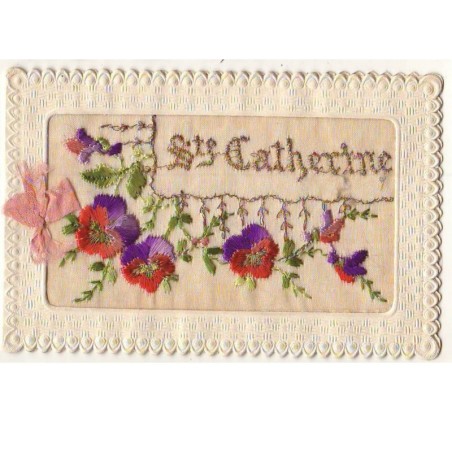 n°14611 - Carte Brodée - Ste Catherine -Fleurs des pensées