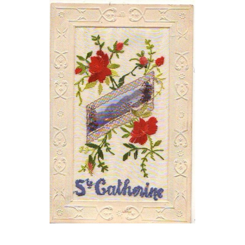 n°14612 - Carte Brodée - Ste Catherine - Roses et paysage
